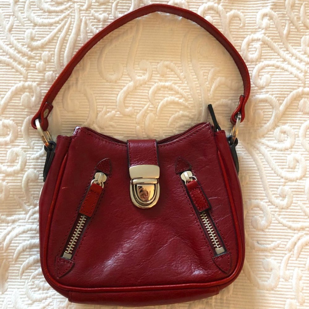 WILSON'S LEATHER Pelle Studio Red 100% Leather Mini Bag Silver Zipper Buckle